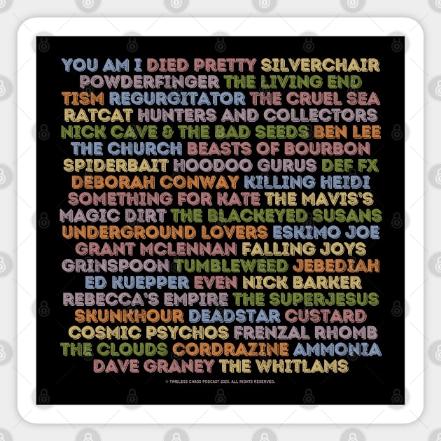 Aussie 90's Bands Back Print Sticker by Timeless Chaos
